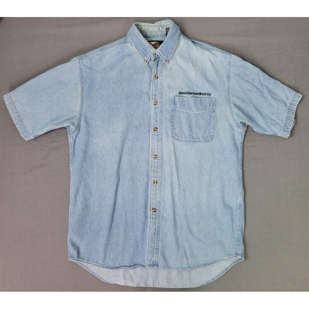 Vtg Harley Davidson Short Sleeve Button Front Denim Cotton Shirt‎ Embroidered M
